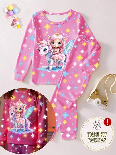 一套女童睡衣，粉色夜光童话奇幻独角兽和星星印花修身长袖上衣和裤子睡衣套装