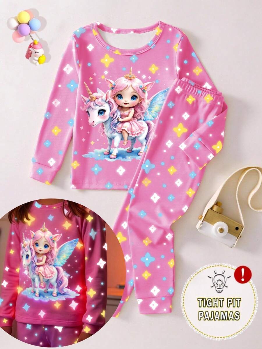 一套女童睡衣，粉色夜光童话奇幻独角兽和星星印花修身长袖上衣和裤子睡衣套装 - 粉色 - 查看 1