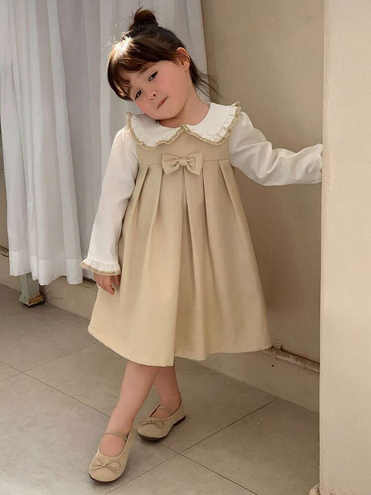 Baby Girls' Korean Style 2 In 1 Embroidered Dress, Apricot Color Toddler Girls Clothes