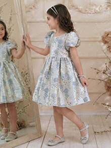 少女公主裙，欧根纱提花面料，高品质材质，优雅提花连衣裙，适合中东、欧洲、美洲等地，是奢华派对、舞台及特殊场合表演的理想之选。 - 杏色 - 查看 3