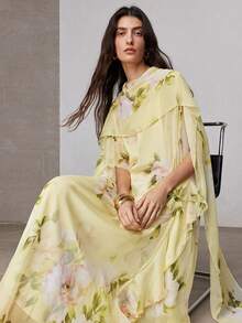 ZEYLAH 飘逸长款腰带浪漫宽松印花连衣裙，春季 - 淡黃色 - 查看 6