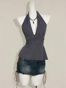 SHEIN ICON Halter Deep V-Neck Cinched Waist A-Line Backless Striped Tank Top - Grey - View 3