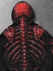 ROMWE MEN Spring Casual Graphic Men'S Skull Print Loose Fit Hoodie Sweatshirt - Black - View 3