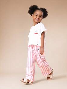SUMWON Girls Cherry Print Short Sleeve T-Shirt And Striped Wide Leg Palazzo Pants Summer Two Piece Casual Coord Set For Valentine's Day Vacation - Multicolor - View 2