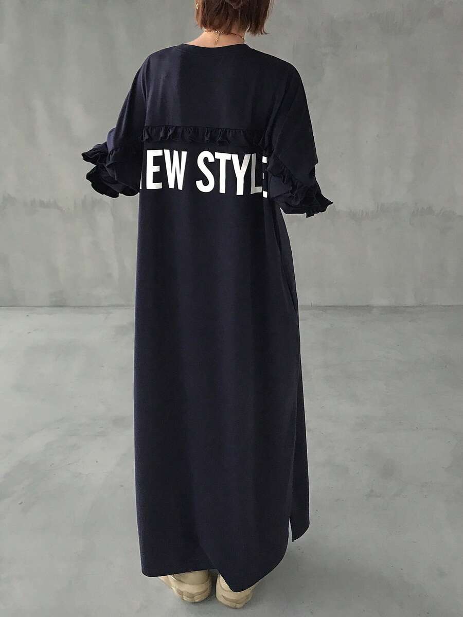 FRIFUL Women's Casual Letter Pattern Ruffle Trim Drop Shoulder Long Sleeve Dress, Autumn - Navy Blue - View 1