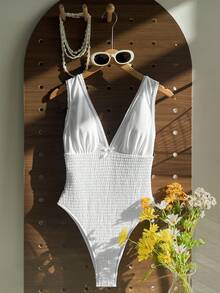 Swim Mod Women's Solid Color Backless One Piece Swimsuit With Ruffles, Sexy Vacation Yacht Beach Outfit, Shiny Fabric - White - View 4