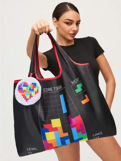 Tetris™ X SHEIN 1 Cute Cartoon Character Print Foldable Shopping Bag, Tote Bag, With Small Storage Bag With Bead Chain, Can Be Hung On The Bag.