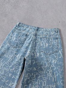 Manfinity Denimwave Quần jeans nam ống rộng dáng suông màu xanh nhạt in chữ, quần jeans họa tiết đường phố dành cho nam, quần nghệ thuật nam. - Rửa nhẹ - Xem 7