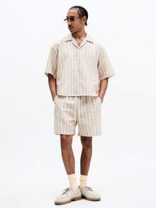 SUMWON Men's Vertical Striped Button Down Shirt And Matching Shorts Co-Ord Set Summer Casual Outfit - Apricot - View 1