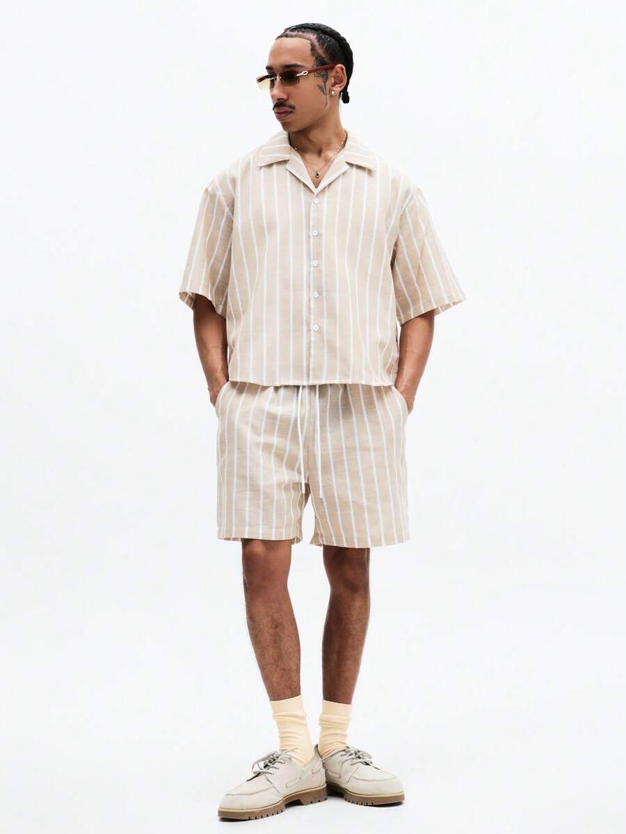 SUMWON Men's Vertical Striped Button Down Shirt And Matching Shorts Co-Ord Set Summer Casual Outfit - Apricot - View 1