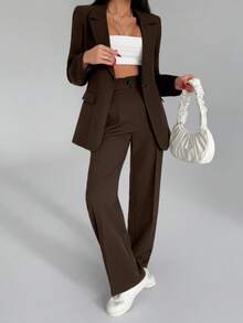 EURMUSE Bộ quần áo hai mảnh màu trơn dành cho nữ, gồm áo blazer và quần dài. - Cà phê nâu - Xem 5