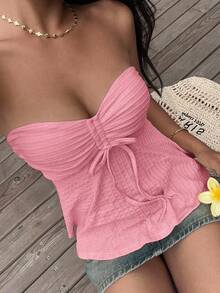 SHEIN EZwear Pink Knitted Tie-Up Bandeau Top For Women Pink Bandeau Top Summer Pink Top Pink Bow Top Strapless Pink Top Ruched Bandeau Top - Pink - View 3