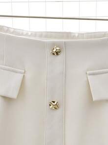 Modelyn 女士纯色纽扣装饰百搭约会/休闲半身裙 - 杏色 - 查看 4