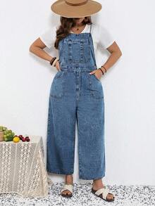 SHEIN CURVE+ 大码纯色休闲连体裤，春夏嘉年华服装，通勤度假毕业时尚Y2K可爱街头风派对婚礼优雅商务休闲女装，大码牛仔背带裤，休闲宽松阔腿连体裤，可调节肩带带口袋，浅蓝色 - 藍色 - 查看 7