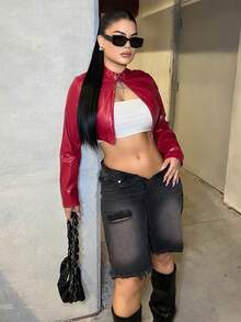 Dayanna Comas 女士秋冬街头服饰 狂欢嬉皮运动休闲 Y2K 基本款皮革舒适拉链勃艮第红色修身短款长袖夹克 - 紅色 - 查看 1