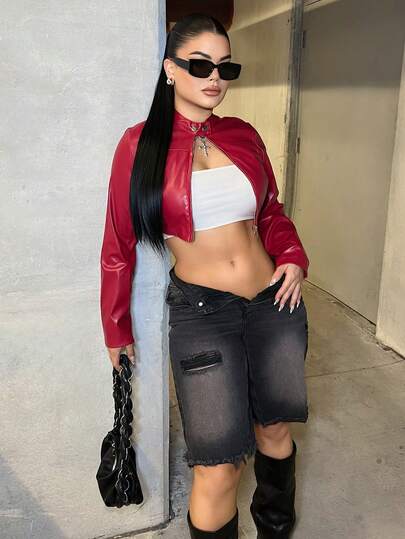 Dayanna Comas 女士秋冬街头服饰 狂欢嬉皮运动休闲 Y2K 基本款皮革舒适拉链勃艮第红色修身短款长袖夹克