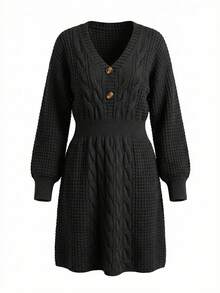 GlowEve CURVE 加大码V领灯笼袖A字加厚抽绳针织毛衣连衣裙，纯色，冬季 - 黑色 - 查看 4