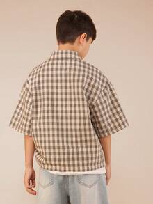 SUMWON Boys Plaid Button Down Short Sleeve Hiker Shirt With Chest Pocket Regular Fit Casual Collared Top - Khaki - View 2