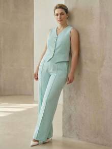 MOTF PREMIUM CHALECO DE MUJER TALLA GRANDE CON CUELLO EN V Y ABOTONADURA SENCILLA PARA PRIMAVERA/VERANO - verde menta - Ver 3