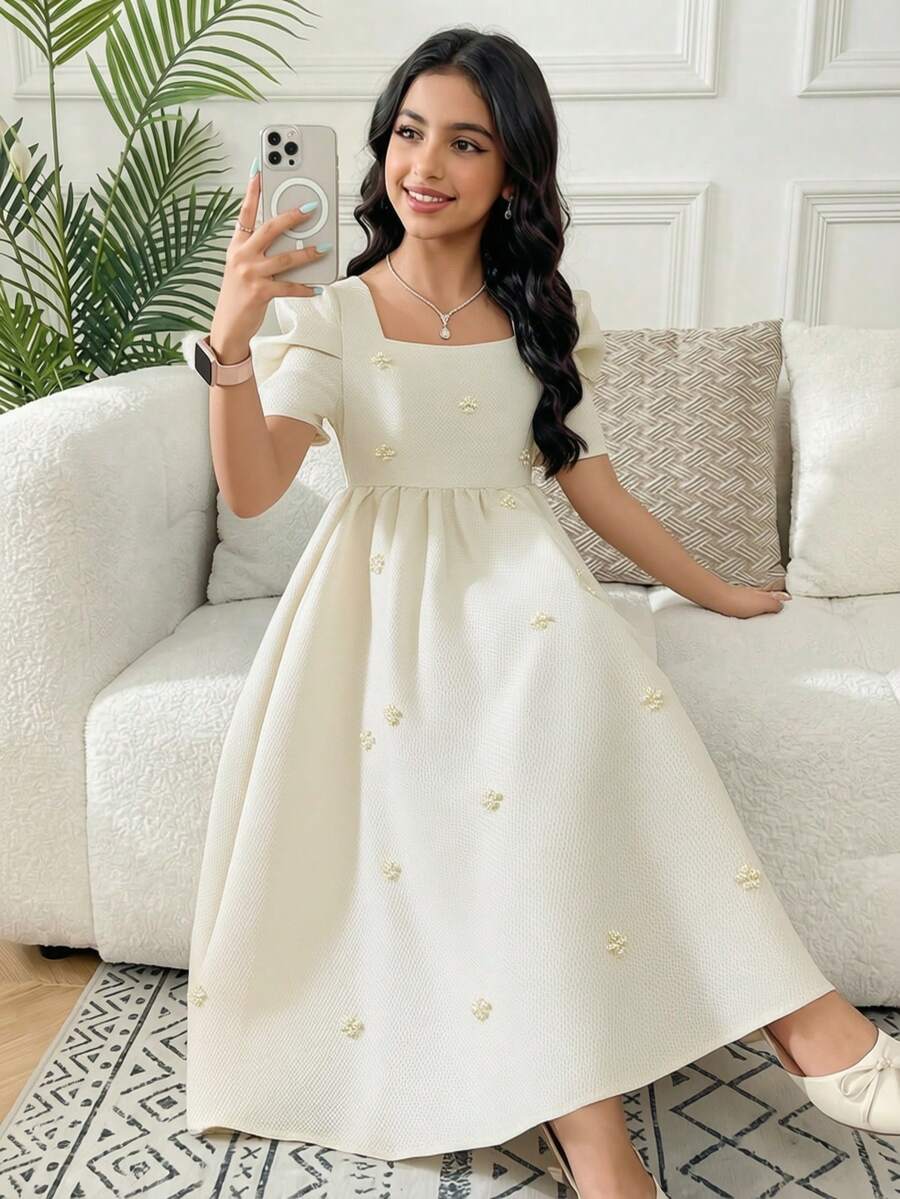 Tween Girl Elegant Pearl Embellished Square Neck Gigot Sleeve Ruffle Hem Woven Apricot Textured Dress, Suitable For Weddings, Parties, Birthdays, Gatherings - Apricot - View 1