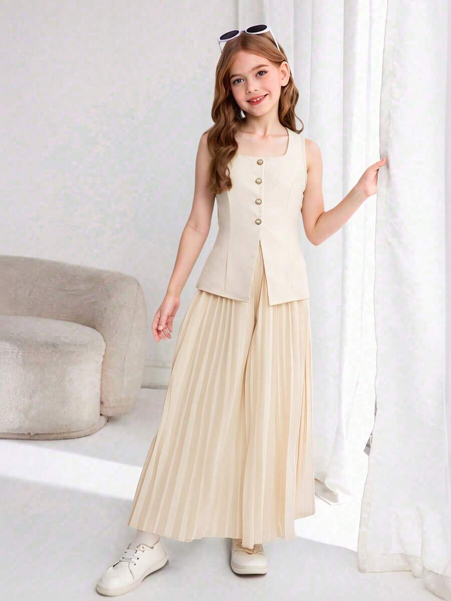 Conjunto de top sin mangas con botones y pantalones rectos elegante y casual para niña preadolescente