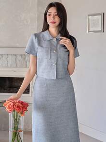 DAZY 女士优雅图案口袋衬衫和直筒裙两件套，春夏款 - 藍色 - 查看 5