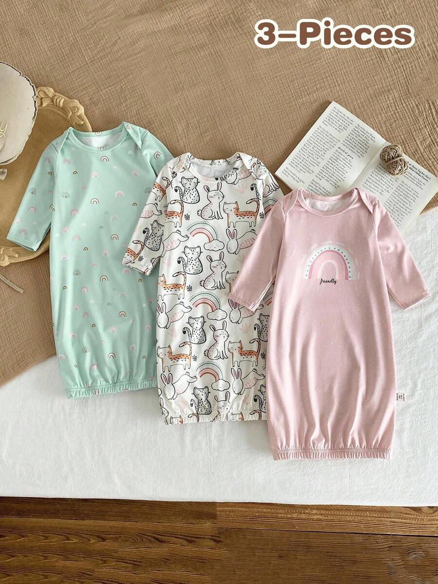 3件套新生儿简约时尚杏色、粉色、蓝色彩虹、兔子、猫咪动物图案舒适长袖长睡袍家居服套装 - 彩色 - 查看 1