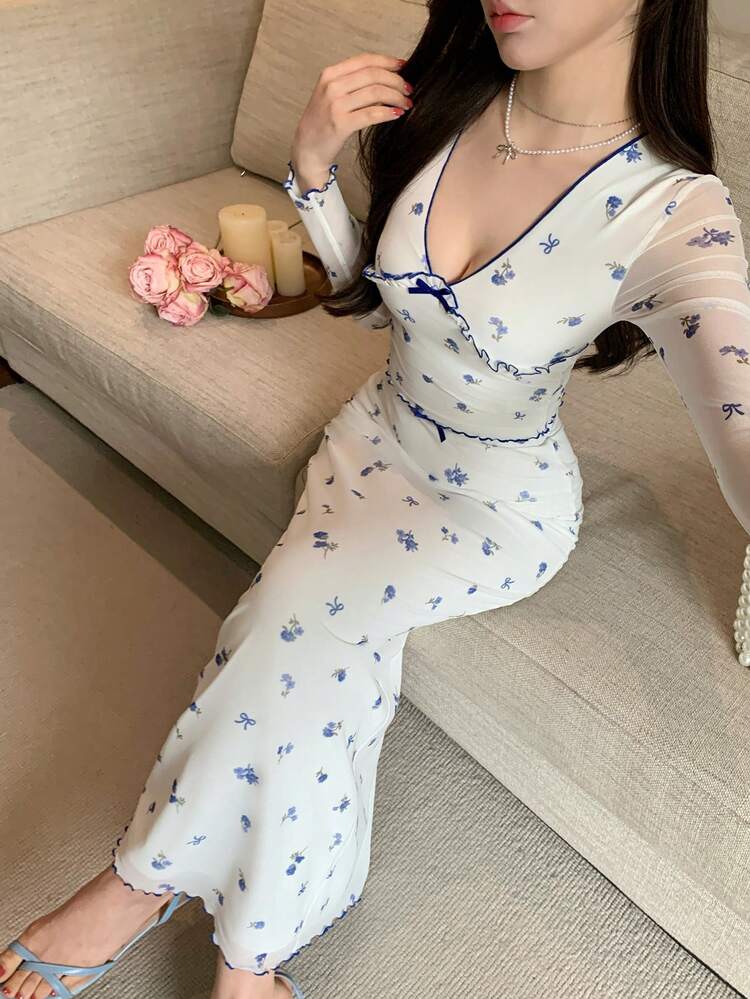 Spring & Summer Ditsy Floral Long Sleeve T-Shirt And Fitted Mermaid Hem Skirt 2 Pieces Set, Elegant For Casual, Date, Wedding, Beach, Vacation