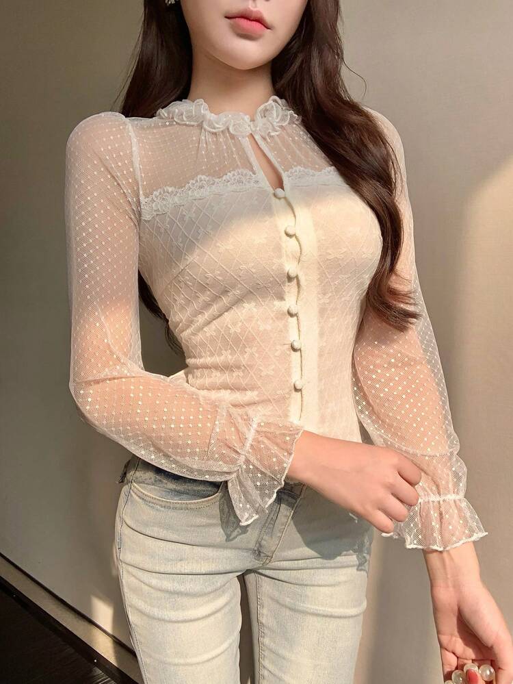 Spring & Summer Hollow Lace Mesh Patchwork Elegant Slim Fit Blouse, Flared Sleeve With Ruffle Trim, White Cardigan For Party, Wedding, Commute