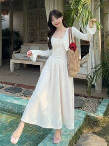 DAZY Women's Lace Camisole & Cardigan 2 Pieces Long Dress, Casual Vacation Style - White - View 4