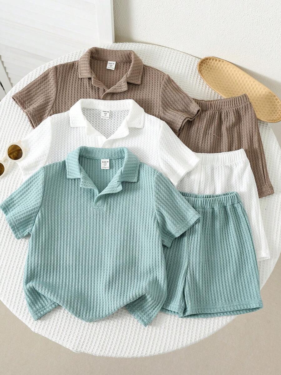 SHEIN 6pcs/Set Young Boys' Casual School Style Comfortable & Fashionable Textured Fabric Short Sleeve Shirt And Shorts Set, Versatile For Daily Wear, Sports, Outings, School, Parties, Holidays, Photoshoots, Suitable For Spring/Summer - Multicolor - View 1