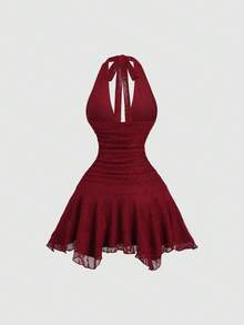 Sweetra Nuevo vestido de fiesta elegante y sexy de mini longitud con cintura ceñida, bajo asimétrico de encaje, escote en V y espalda descubierta, color rojo vino - Burdeos - Ver 2