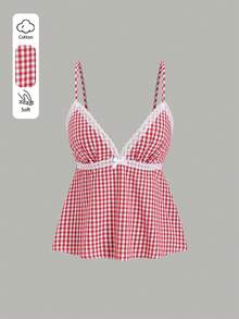 Sweetra Women's Sexy V-Neck Plaid Patchwork Lace Trim Camisole, Casual Versatile Sleeveless Top For Daily Wear And Commute, Spring/Summer - Red - View 1