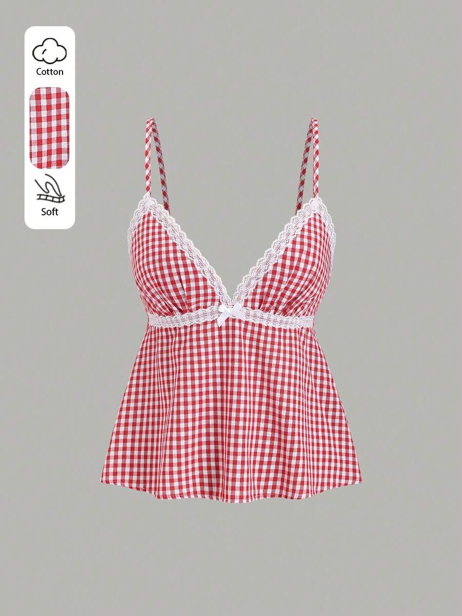 Sweetra Women's Sexy V-Neck Plaid Patchwork Lace Trim Camisole, Casual Versatile Sleeveless Top For Daily Wear And Commute, Spring/Summer - Red - View 1
