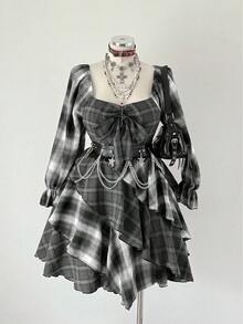 Sunspun Plaid Patchwork Bow Tie Waist Minimalist Long Sleeve Dress - Black - View 3