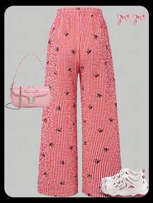 女孩粉色条纹蝴蝶结印花泡泡纹理腰带白色撞色系带宽松裤 - 紅色 - 查看 2
