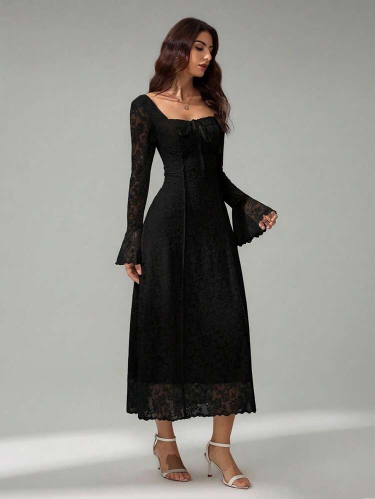 SHEIN Tall فستان نسائي بأكمام طويلة، للحفلات والمناسبات الرسمية، فساتين نسائية أنيقة، فساتين عودة الخريجين، فساتين سهرة رسمية، فساتين نسائية للحفلات، فستان حفل الزفاف في الخريف - الأسود - مشاهدة 5