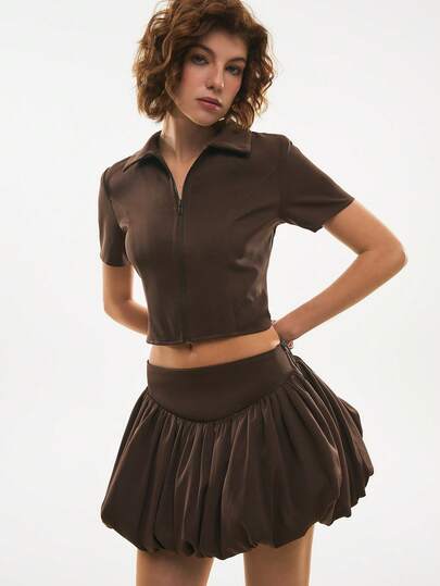 Poéselle Women's Brown Zip Front Short Sleeve Cropped Top And Floral Peplum Skirt Fashion Set,Casual Sets For Women,Beach Set,Going Out Outfits,Vacation Outfits Women ,Summer Outfits For Women,Suitable For Daily, Office, And Vacation Wear,Spring/Summer