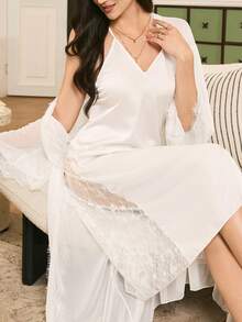 Moireta 纯色性感迷人网纱睡袍 V 领露背撞色蕾丝睡裙女士睡衣套装 - 白色 - 查看 6