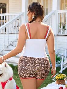 Swim Mod 2026 New Plus Size Women Summer Beach Vacation Spaghetti Strap Bikini, Sweet & Sexy Leopard Print Patchwork Backless Bikini Top - Multicolor - View 2
