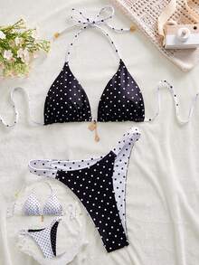 Swim Mod 女士夏季新款海滨度假时尚甜美可爱撞色波点印花双面露背系带性感比基尼套装 - 黑與白 - 查看 6