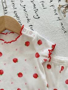 SHEIN LMoss Kids 新生女宝宝可爱卡通图案荷叶边圆领短袖针织柔软睡衣套装，2件套 - 彩色 - 查看 5
