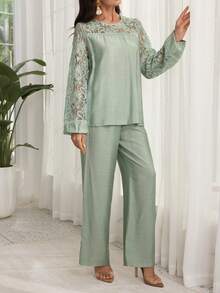 Lacomfia New French Retro Long Sleeve Lace Patchwork Hollow Out Blouse & Pants Set, Misty Blue - Green - View 6