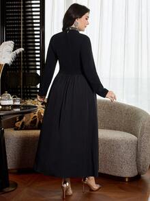 Modelyn Plus Size Women Rhinestone Embellished Drape Neck Long Sleeve Knit Elegant Flared Hem Formal Party Dress - Black - View 3
