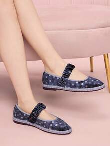 CUCCOO DOLLMOD 女士亮橙色优雅天鹅绒经典舒适褶皱弹力玛丽珍平底鞋 - 紫色波點 - 查看 6