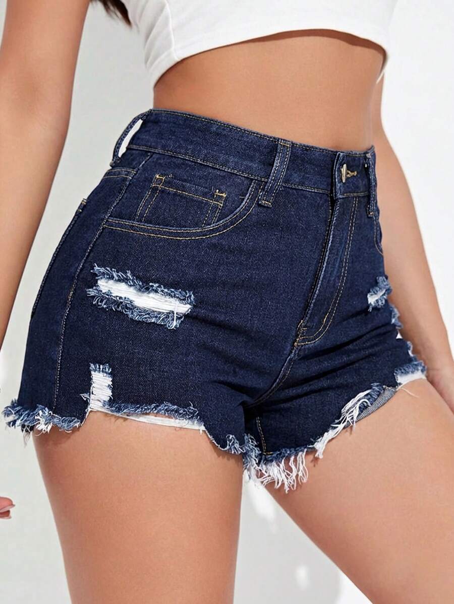 Jeanoix 女士休闲破洞毛边牛仔短裤 - 深色水洗藍 - 查看 1