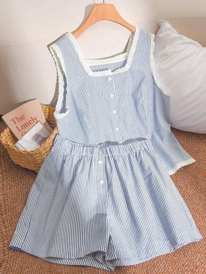 CosyJoli Plus Size Women's Striped Single-Breasted Vest And Shorts Casual 2 Pieces Set Summer Two Piece Set Cotton 2 Piece Set Blue Striped Set Striped Shorts Set Sleeveless Striped Top Spring Outfit Women Spring Set For Women