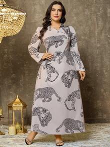 EMERY ROSE 大码女式休闲简约长袖连衣裙，日常穿着连衣裙，女式长袖豹纹连衣裙，女式设计师连衣裙，图案女式连衣裙，女式长款连衣裙，优雅女式连衣裙 - 杏色 - 查看 4