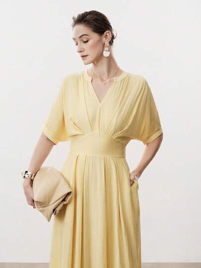 Aalyst Women's Spring/Summer Elegant V-Neck Waist Gathered Flared Hem Linen Dress With Pockets, Suitable For Outings, New Year, Valentine's Day, Easter, Mother's Day, Middle Eastern Weddings, Workplace, Romantic Vacations, Pale Yellow