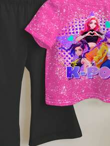 SHEIN 2件套少女休闲时尚彩色韩流女团字母星星印花圆领短袖T恤和喇叭裤，适合度假、派对、日常穿着、演唱会等场合。 - 彩色 - 查看 6
